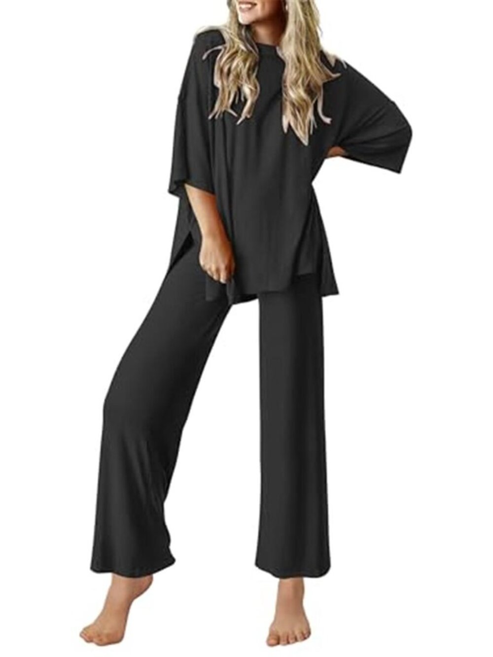 Ekouaer Black 2 Piece Lounge Set Oversized Top Wide Leg Pants